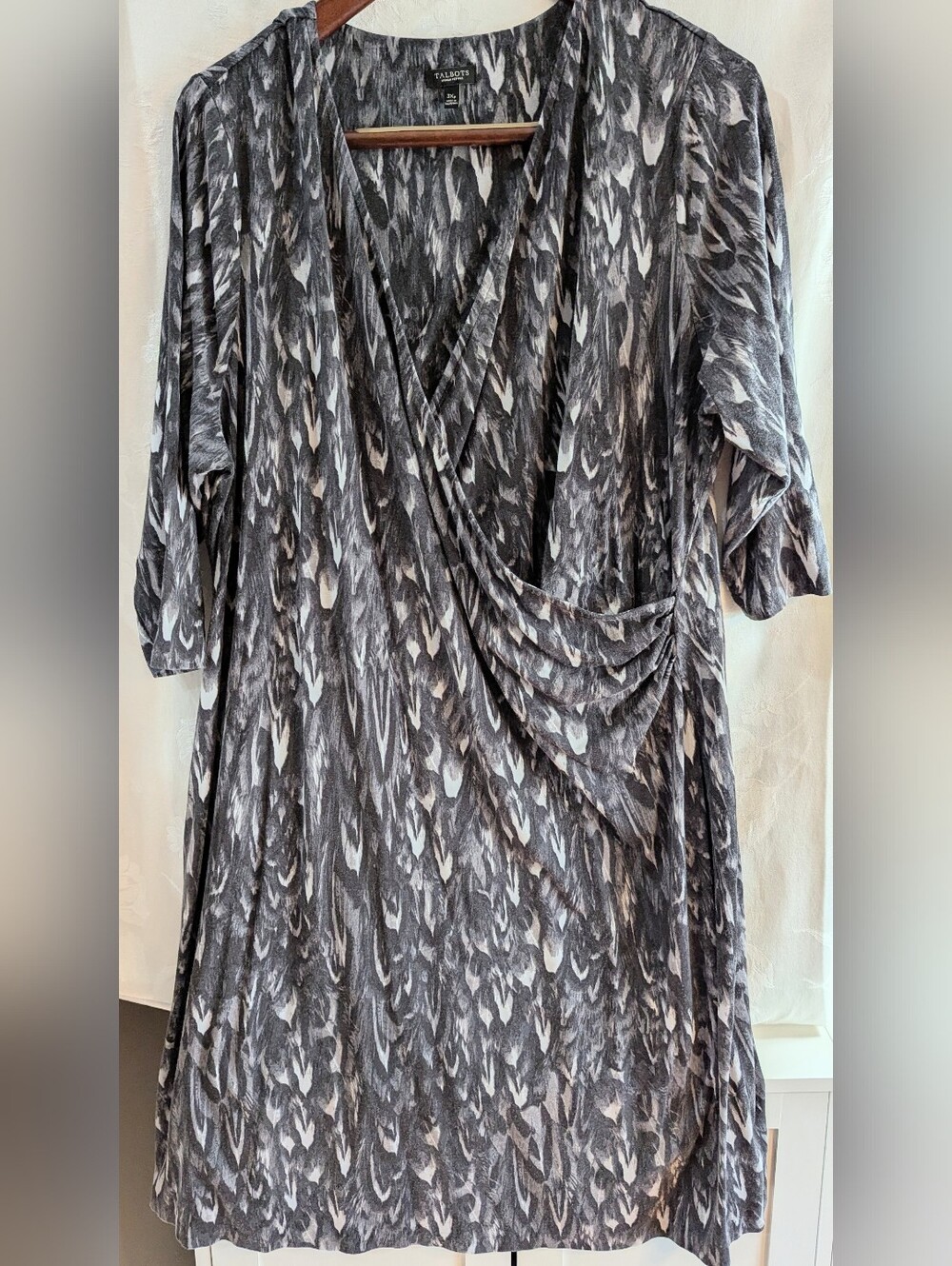 Talbots Gray and Black Abstract Print Faux Wrap Dress